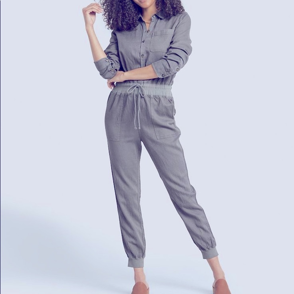 Faherty brand Arlie full jumpsuit buttons tie waist gray grey jogger cuff sz xs